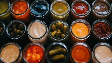 Assorted jars of colorful condiments and sauces in glass containers