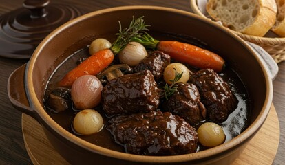 A close-up of rich, savory beef bourguignon with vegetables in pot.