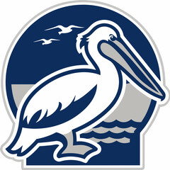 Australian pelican standing by the sea in a stylized illustration.  