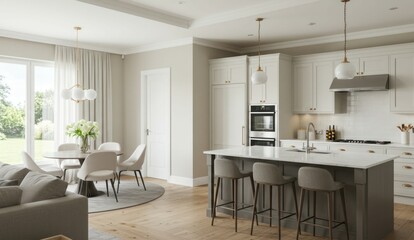 A bright, modern kitchen with a dining area. Elegant neutral color scheme.