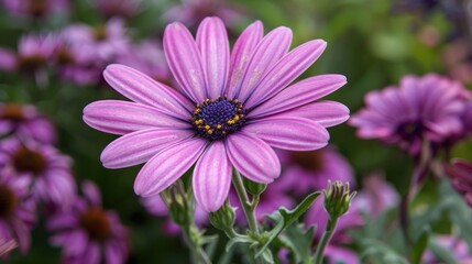 Obraz premium A close up detail of a purple pink flower on nature blur background