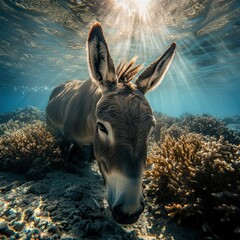 Underwater Donkey Encounter A Surreal Scene of a Donkey Amongst Coral Reef