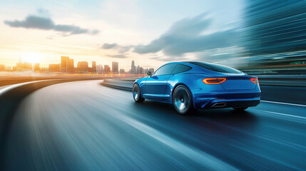 Sleek Blue Sports Car Racing on City Road at Sunset