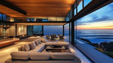 Fototapeta premium Modern coastal living room with panoramic ocean view at sunset, showcasing elegant furniture and serene atmosphere