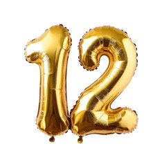 Obraz premium Shiny golden foil balloons shaped like the number 12, perfect for 12th birthday, anniversary celebrations, or festive decor isolated on transparent background