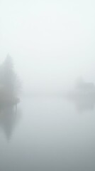 Fototapeta premium Serene lakeside with misty fog over calm water and trees