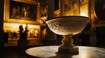 An ornate antique bowl, a silent testament to history, rests in a dimly lit gallery, surrounded by the golden glow of old master paintings, bathed in warm light.