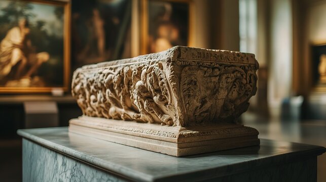 Ancient baptismal font, a testament to faith and artistry, showcased in a serene museum hall bathed in soft, golden light.