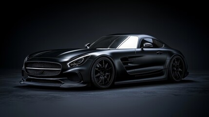 Sleek black sports car on a dark background.