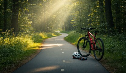Obraz premium Red bikes on a scenic path, helmet and gloves, sunny day in a forest.