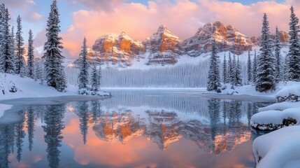 Obraz premium Winter wonderland serene lake reflecting sunrise mountains