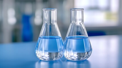 laboratory glassware on blue background