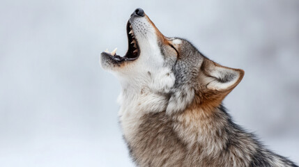 Fototapeta premium Majestic Wolf Howling in Winter Landscape with Soft Snow Background