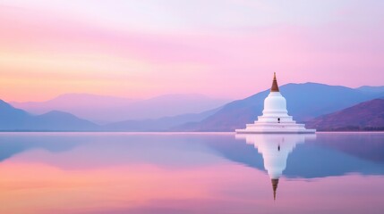 Obraz premium Serene Reflection of a White Stupa Under Pink and Orange Sunset Sky Over Calm Lake Surrounded by Majestic Mountains in Tranquil Landscape