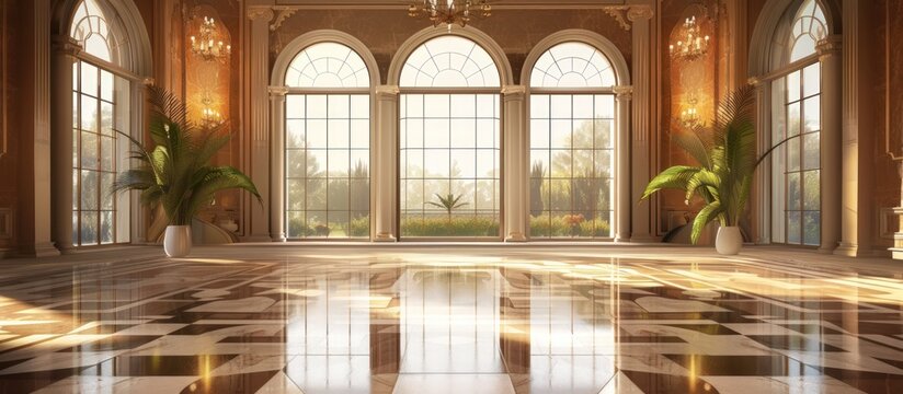 Luxury Interior design of grand hall with large arched window with shiny marble floor. Generated AI