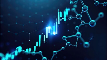 Biotech Investing Healthcare Finance. Abstract digital design featuring graphs and molecular structures in blue tones.