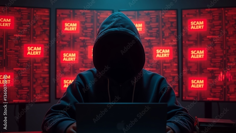 Poster a mysterious figure in a hoodie sits in front of multiple screens displaying scam alerts, creating a