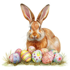 Bunny with Patterned Easter Eggs in Hay Nest