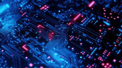 Obraz premium Abstract Close-Up of Futuristic Circuit Board with Neon Lights