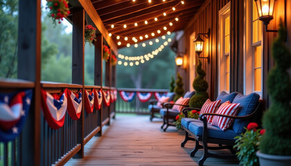 Naklejka premium Fourth of July bunting and flags on cozy front porch at sunset