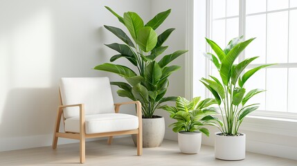 Obraz premium Bright Living Room with Large and Small Potted Green Plants, White Chair and Natural Light