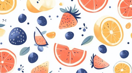 Colorful fruit pattern background; oranges, strawberries, blueberries; food blog, recipe website