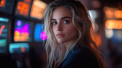 Woman stares intently at camera, digital displays in background