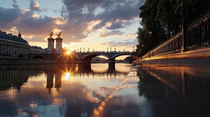 Scenic Sunset Over the River with Historical Bridge in Paris
