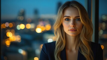 Fototapeta premium Woman with blonde hair, city lights in background
