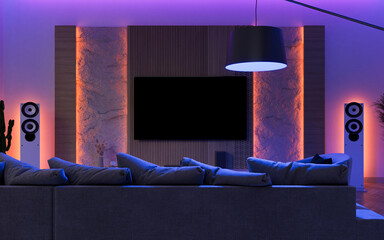Colored lights in the living room create smart home lighting moods. 3D render.