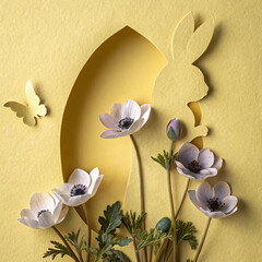 Flat lay photo, top view of a blue Anemona flowers emerges from a cut out outline of a funny rabbit end egg on a yellow background. Easter concept design.