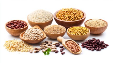Fototapeta premium A collection of assorted grains and legumes in wooden bowls including kidney beans, white beans, yellow split peas, amaranth, and millet displayed together