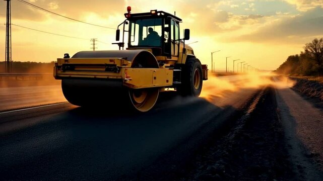 Golden Hour Road Roller Compressing Fresh Asphalt on a Highway Under Construction with Steam Rising and Long Shadows