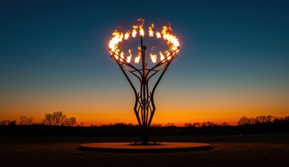 Eternal flame sculpture with vivid orange sunset sky. A memorial site.