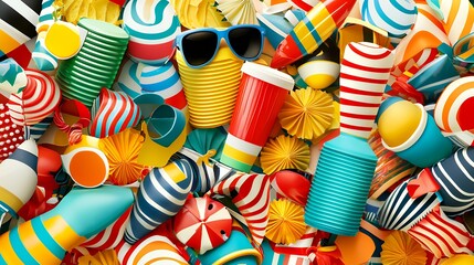 Obraz premium Colorful Summer Party Cups Background Vibrant Striped and Geometric Patterns
