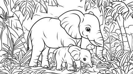 Fototapeta premium Elephant Family in Lush Jungle, Coloring Page