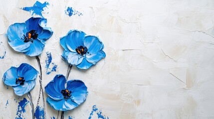 Bright blue flower painting with textured white and beige background