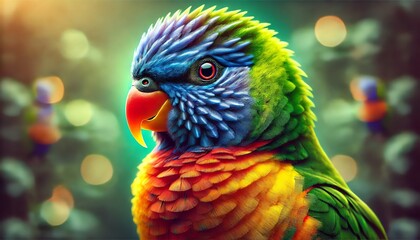 A vibrant close-up image of a Rainbow Lorikeet in a natural setting