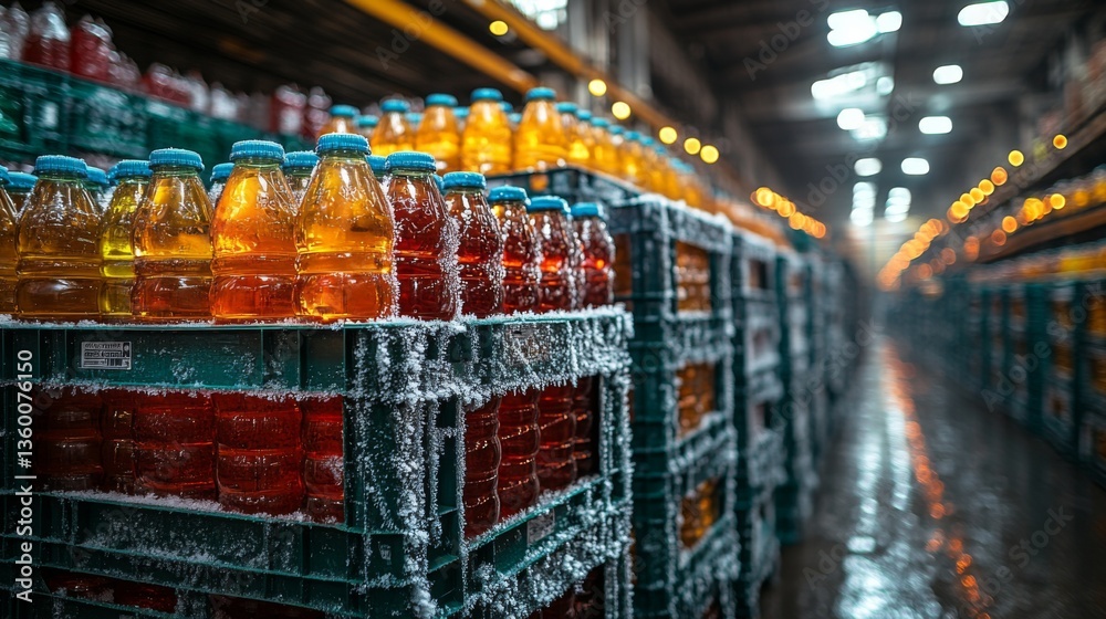 Aufkleber rows of cold beverage containers are neatly stacked in a chilly warehouse. the temperature controlle