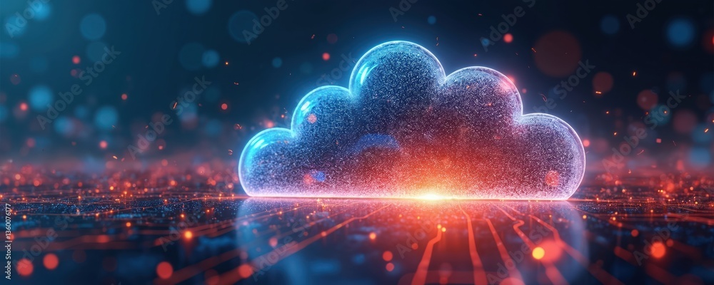Poster abstract digital illustration of cloud computing technology. represents data storage, network, cloud
