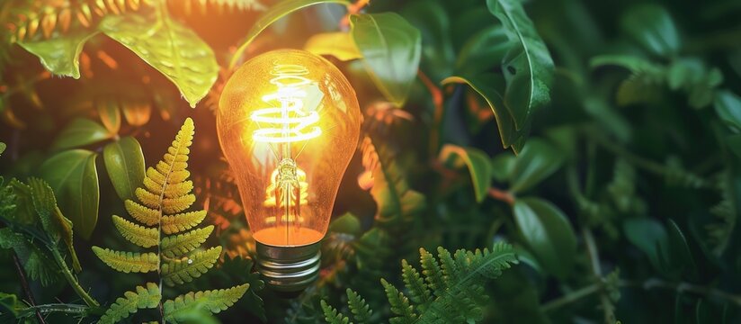 Light bulb with green plant leaves for eco friendly nature concept. Generated AI image