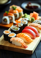 A beautifully arranged platter showcases a selection of sushi rolls, sashimi, and garnishes at a Japanese restaurant. The meal is served on a wooden board, emphasizing freshness