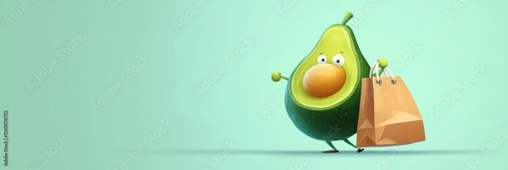 Poster Humorous avocado character joyfully carrying a grocery bag against a playful pastel background Generative AI