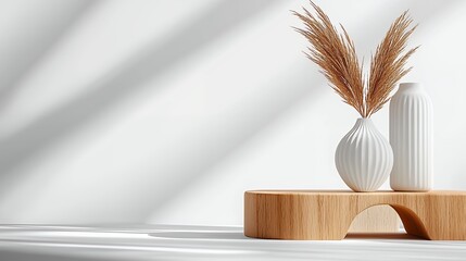 Dried Flower Arrangement in White Vases on Wooden Stand