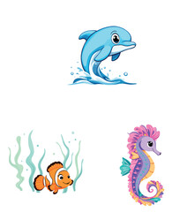 Cute cartoon dolphin jumping, clownfish and seahorse swimming underwater