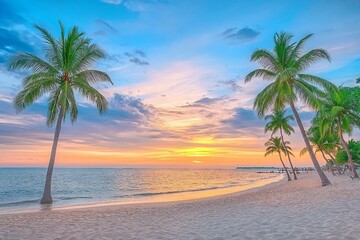 Obraz premium Tropical beach with palm on beautiful sandy beach, sunset sky. 