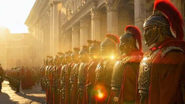 Military unit of powerful Roman Empire, men dressed in legionaries clothing and equipment performing in camp, soldiers wearing metallic armor