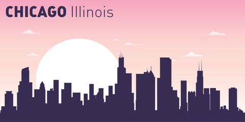 Fototapeta premium silhouette of the city skyline of Chicago, Illinois, USA, against the background of a large sun, with a pale pink and blue sky