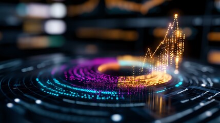 Glowing financial chart hologram with colorful circular data visualization elements on dark background shows market analytics and business growth.