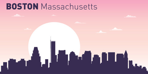 Fototapeta premium silhouette of the city skyline of Boston, Massachusetts, USA, against the background of a large sun, with a pale pink and blue sky